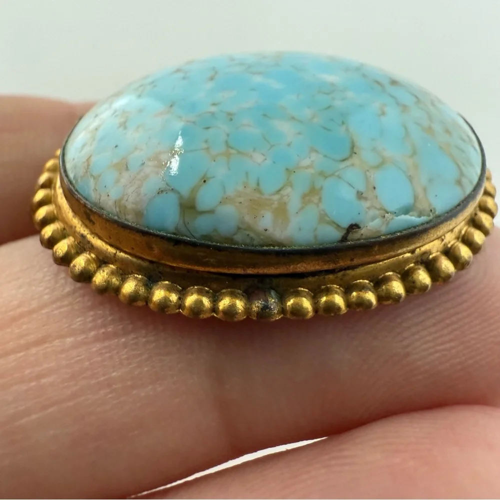 Vintage Turquoise Peking Glass Oval Brooch Goldtone Ball Bead Trim Framed
